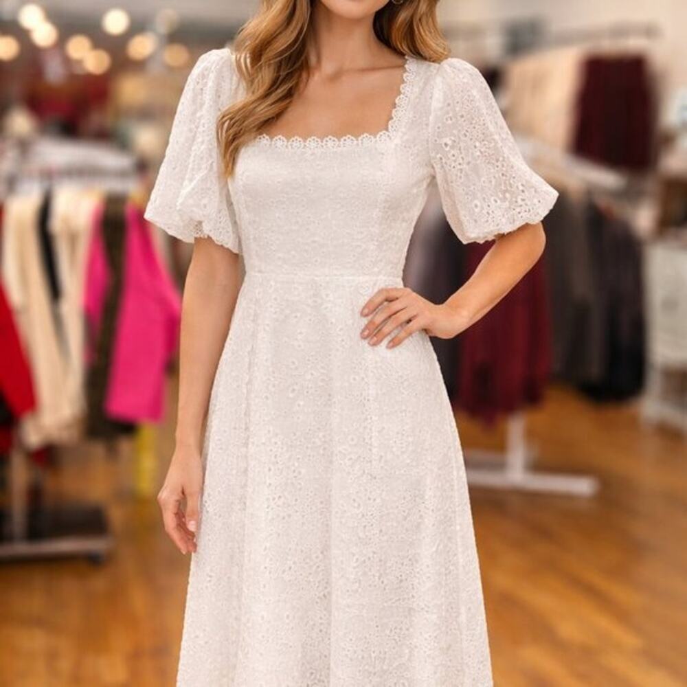 AQUA Lace Trim Eyelet Midi Dress L - Picture 3 of 6